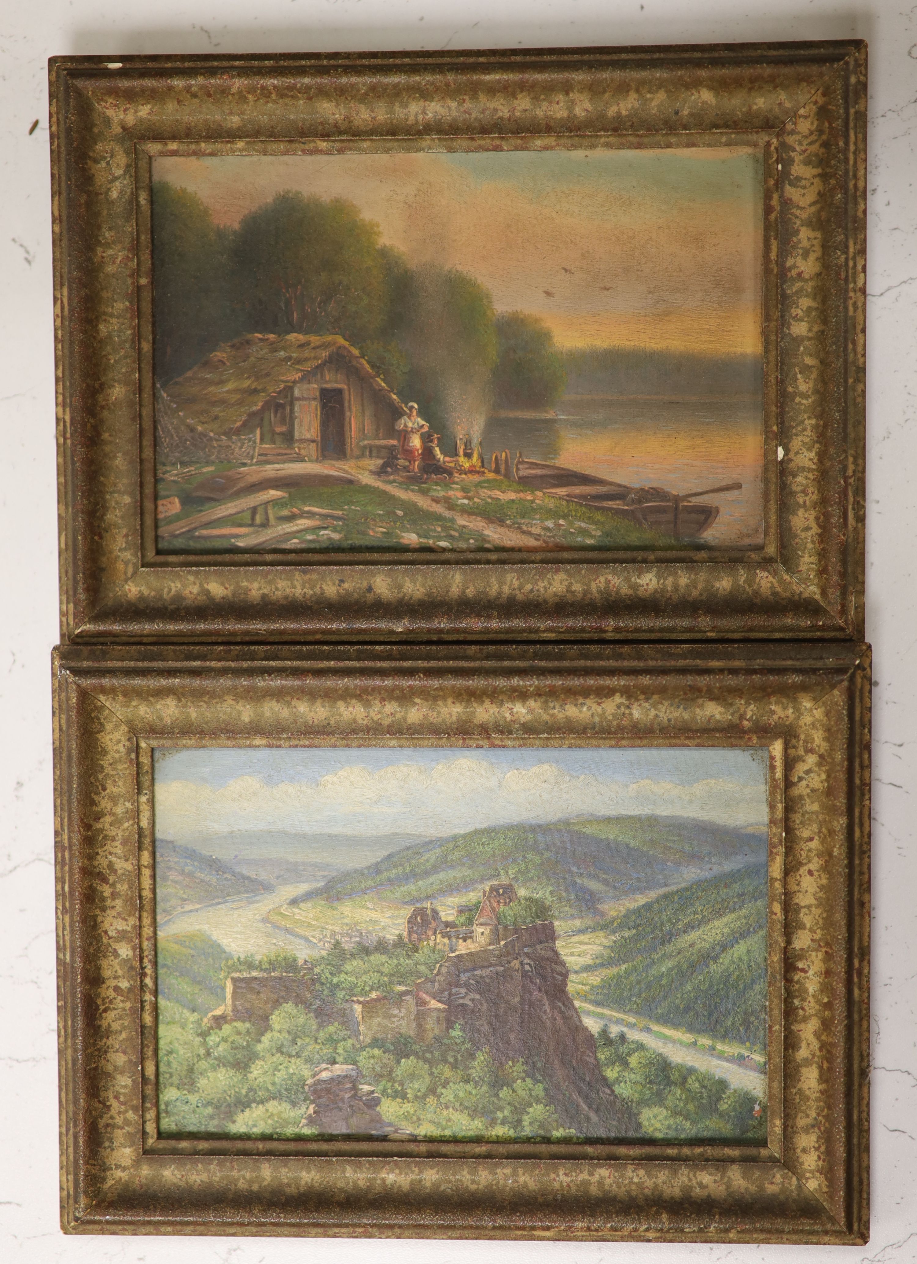 M. Braun (German School), pair of oils on board, Lodge beside a lake and Hilltop Castle, 10 x 15cm, one signed